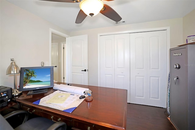 9825 Casey Dr, New Port Richey, FL 34654 - home office featuring a ceiling fan, dark wood-type flooring, and visible vents