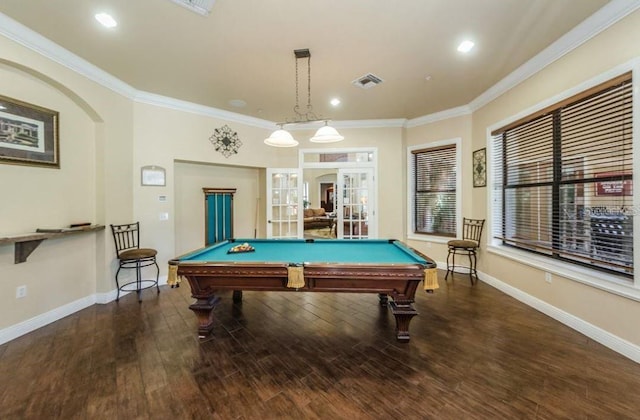 2220 Chianti Pl Unit 8-0817, Palm Harbor, FL 34683 - game room featuring ornamental molding, french doors, wood finished floors, billiards, and baseboards