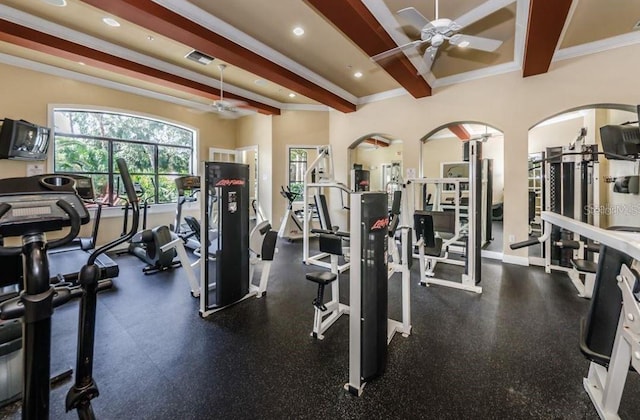 2220 Chianti Pl Unit 8-0817, Palm Harbor, FL 34683 - workout area with ceiling fan, beam ceiling, recessed lighting, arched walkways, and crown molding