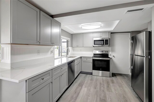 kitchen featuring gray cabinetry, a raised ceiling, appliances with stainless steel finishes, and a sink