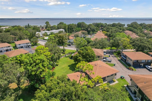 aerial view with a water view and a residential view