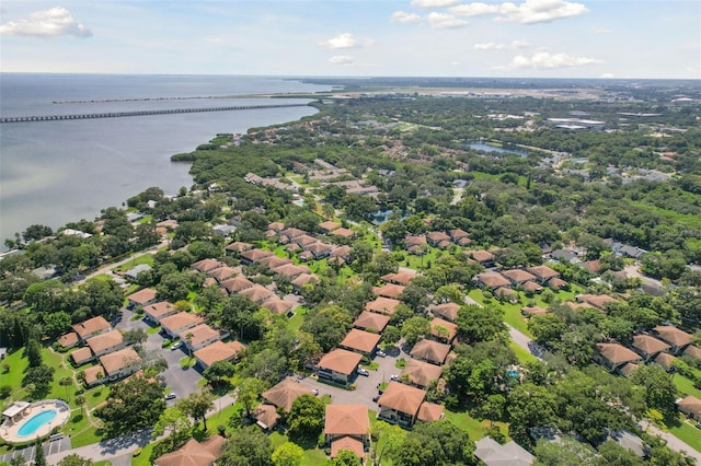birds eye view of property featuring a residential view and a water view