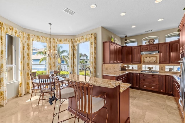 2050 N Pointe Alexis Dr, Tarpon Springs, FL 34689 - kitchen featuring visible vents, light stone countertops, under cabinet range hood, and tasteful backsplash
