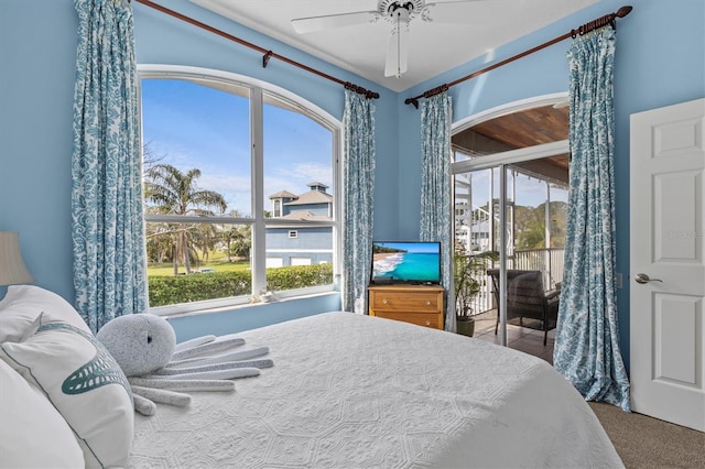 2050 N Pointe Alexis Dr, Tarpon Springs, FL 34689 - carpeted bedroom with a ceiling fan and access to exterior