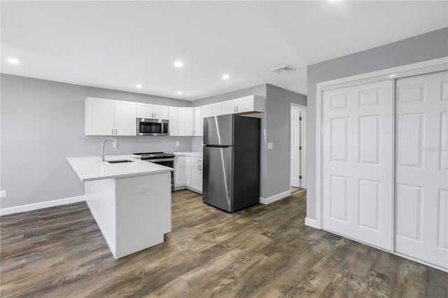 9105 W Hillsborough Ave Unit I102, Tampa, FL 33615 - kitchen featuring a peninsula, baseboards, stainless steel appliances, a sink, and dark wood-style floors