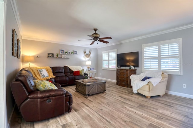 8326 Archwood Cir, Tampa, FL 33615 - living area featuring crown molding, baseboards, light wood finished floors, and ceiling fan