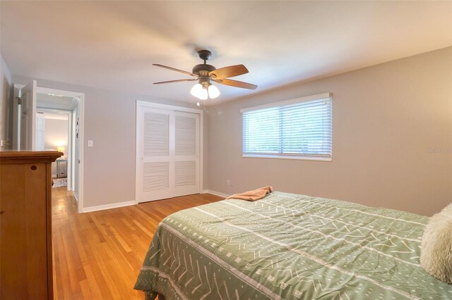 8326 Archwood Cir, Tampa, FL 33615 - bedroom with a closet, baseboards, light wood-style floors, and a ceiling fan