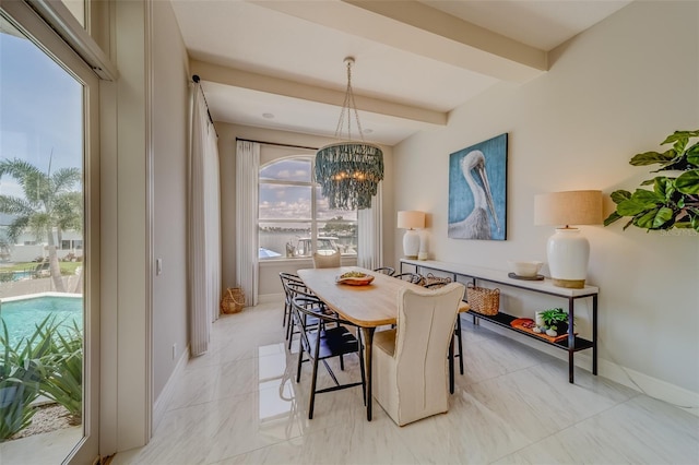 362 41st Ave, St Pete Beach, FL 33706 - dining room with baseboards, beam ceiling, and an inviting chandelier