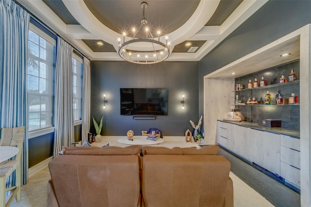 362 41st Ave, St Pete Beach, FL 33706 - living area with plenty of natural light, a notable chandelier, and coffered ceiling