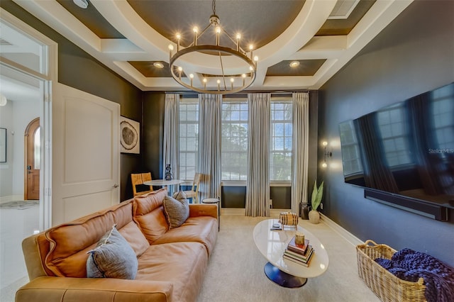 362 41st Ave, St Pete Beach, FL 33706 - interior space featuring a notable chandelier, coffered ceiling, baseboards, and visible vents