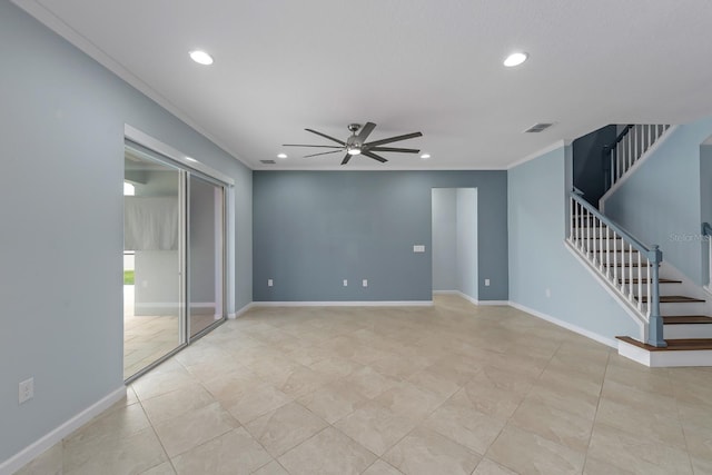 empty room with visible vents, recessed lighting, stairs, ceiling fan, and ornamental molding