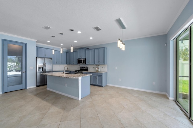 kitchen featuring a sink, stainless steel appliances, ornamental molding, light stone countertops, and visible vents