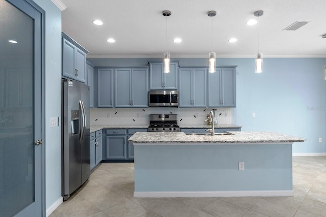 kitchen featuring stainless steel appliances, backsplash, visible vents, ornamental molding, and a sink
