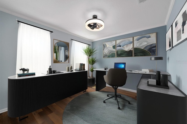 home office featuring baseboards, wood finished floors, and crown molding