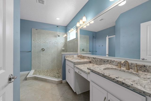 bathroom featuring a shower stall, tile patterned floors, a sink, and visible vents