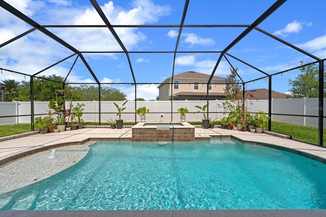 view of swimming pool featuring a patio area, a fenced backyard, a fenced in pool, and an in ground hot tub