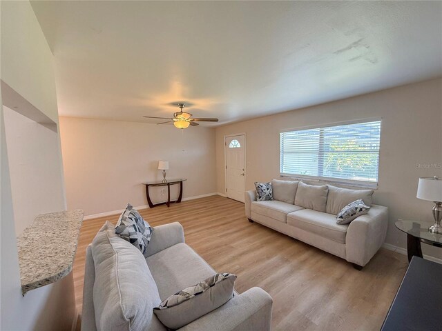 205 Andover Pl N Unit 110, Sun City Center, FL 33573 - living room with baseboards, light wood-style flooring, and a ceiling fan