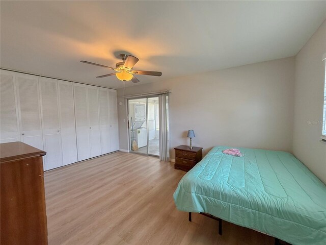 205 Andover Pl N Unit 110, Sun City Center, FL 33573 - bedroom with light wood-type flooring, access to exterior, multiple windows, and a ceiling fan
