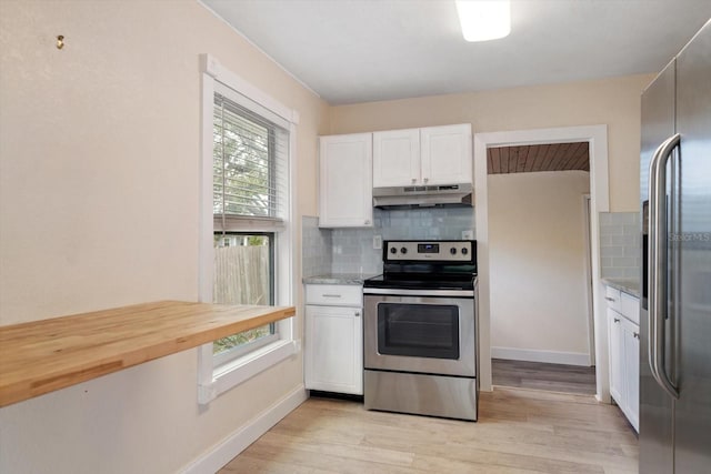 2585 9th Ave N, Saint Petersburg, FL 33713 - kitchen with stainless steel appliances, under cabinet range hood, white cabinets, and decorative backsplash