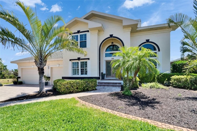 706 Bunker View Dr, Apollo Beach, FL 33572 - mediterranean / spanish house with a garage, driveway, and stucco siding