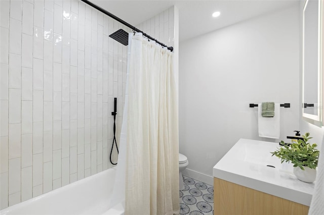 full bath with tile patterned flooring, vanity, recessed lighting, toilet, and baseboards