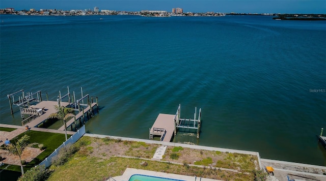 view of dock with a water view and boat lift