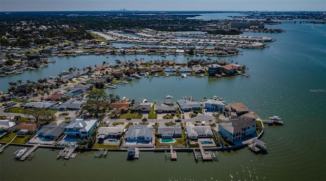 drone / aerial view with a water view