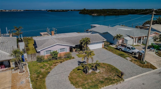 aerial view featuring a water view and a residential view