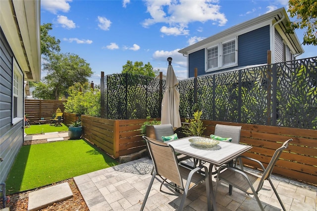 view of patio / terrace with a fenced backyard and outdoor dining area