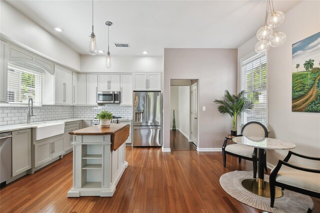 kitchen with dark wood-style floors, decorative backsplash, a sink, and stainless steel appliances