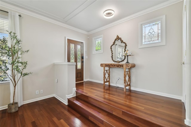 entrance foyer featuring baseboards, crown molding, and wood finished floors
