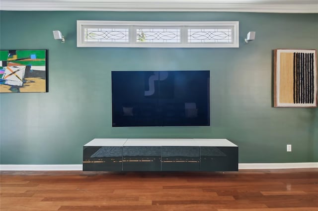room details with baseboards, wood finished floors, and ornamental molding