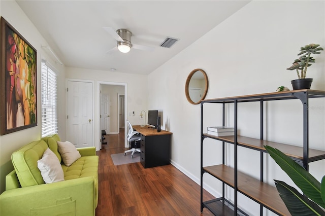 home office with baseboards, ceiling fan, visible vents, and wood finished floors