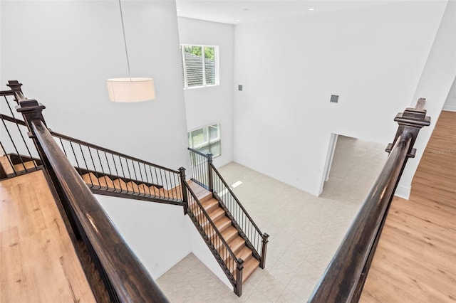 30900 Spruceberry Ct, Wesley Chapel, FL 33543 - stairway featuring recessed lighting, a high ceiling, and wood finished floors