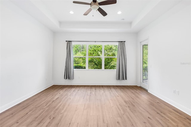 30900 Spruceberry Ct, Wesley Chapel, FL 33543 - empty room featuring a tray ceiling, wood finished floors, a ceiling fan, and a wealth of natural light