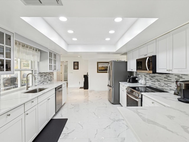 1666 N Dakota Ave NE, Saint Petersburg, FL 33703 - kitchen with a sink, light stone counters, appliances with stainless steel finishes, and a raised ceiling