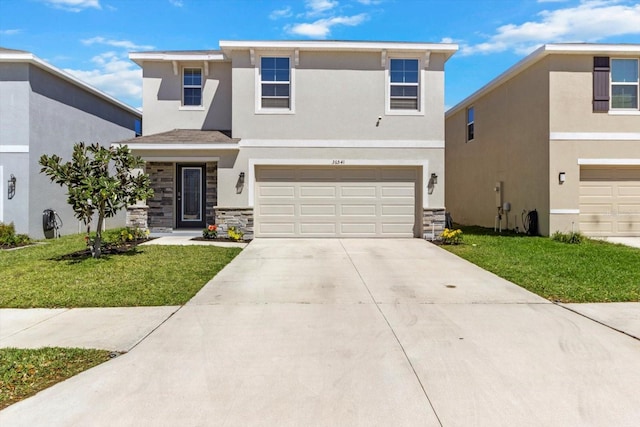 view of front of property with driveway, stone siding, an attached garage, and stucco siding