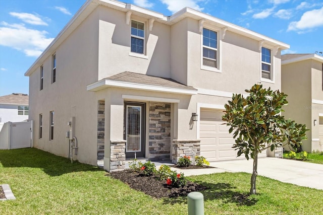 view of front facade with concrete driveway, stucco siding, fence, stone siding, and a front lawn