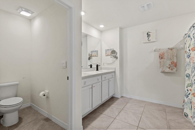 full bath with tile patterned floors, toilet, vanity, baseboards, and visible vents