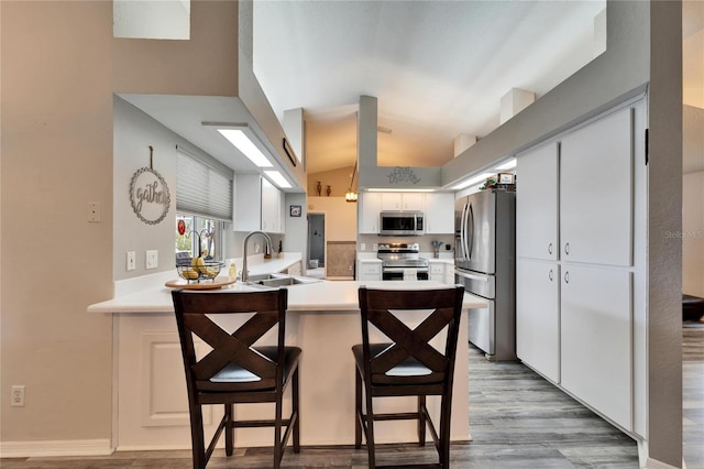 kitchen with appliances with stainless steel finishes, a peninsula, light countertops, lofted ceiling, and a sink