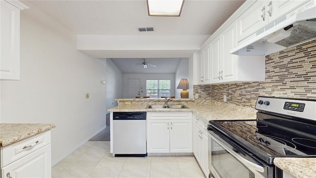 kitchen featuring electric stove, dishwashing machine, under cabinet range hood, a sink, and backsplash