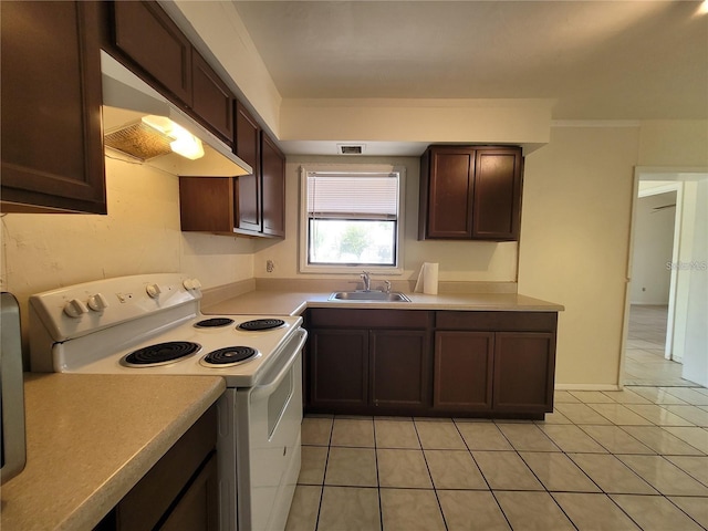 kitchen featuring light tile patterned floors, light countertops, visible vents, a sink, and white range with electric cooktop