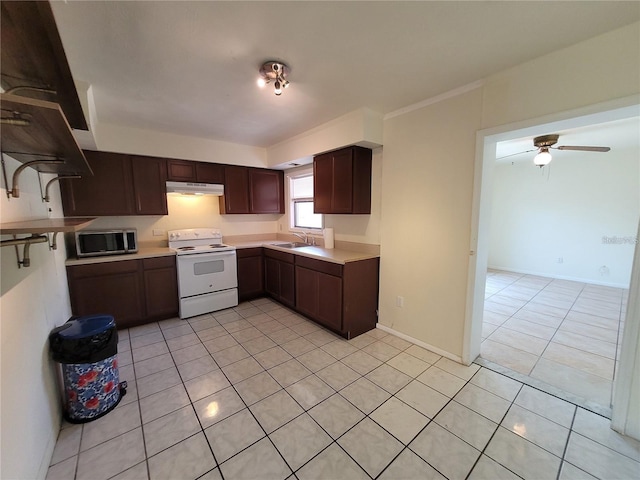 kitchen featuring white electric range oven, a ceiling fan, under cabinet range hood, stainless steel microwave, and light countertops