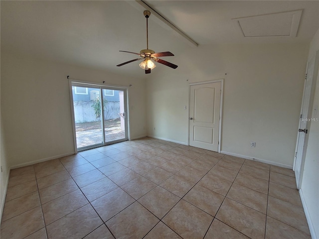 spare room with light tile patterned flooring, ceiling fan, vaulted ceiling with beams, and baseboards