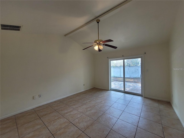 empty room with light tile patterned floors, a ceiling fan, visible vents, vaulted ceiling with beams, and baseboards