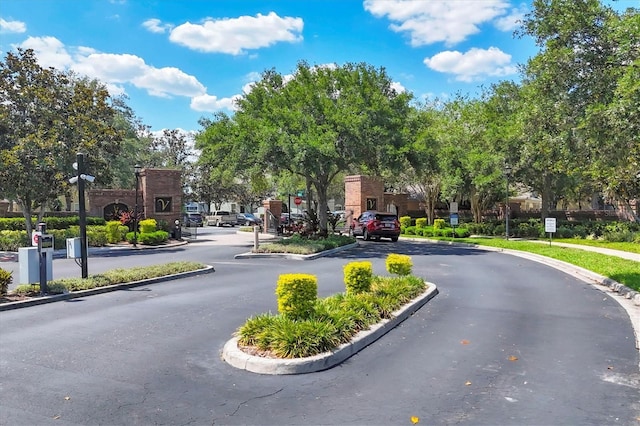 view of asphalt street with curbs, traffic signs, and street lights