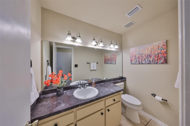 bathroom with visible vents, toilet, tile patterned flooring, and vanity