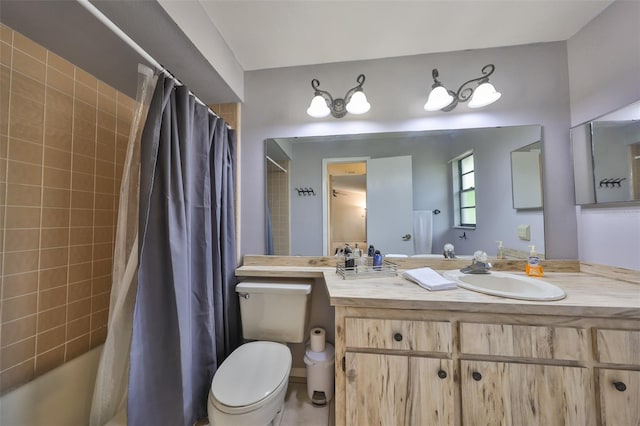 bathroom with toilet, vanity, and shower / bathtub combination with curtain