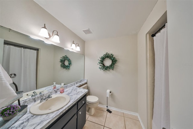 bathroom with vanity, toilet, baseboards, tile patterned floors, and visible vents