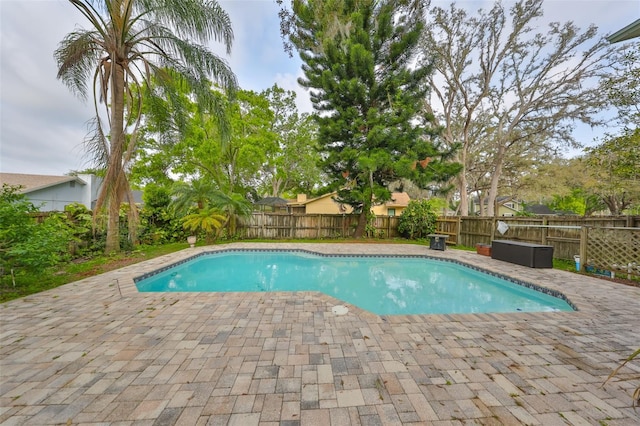 view of swimming pool with a fenced backyard, a fenced in pool, and a patio area